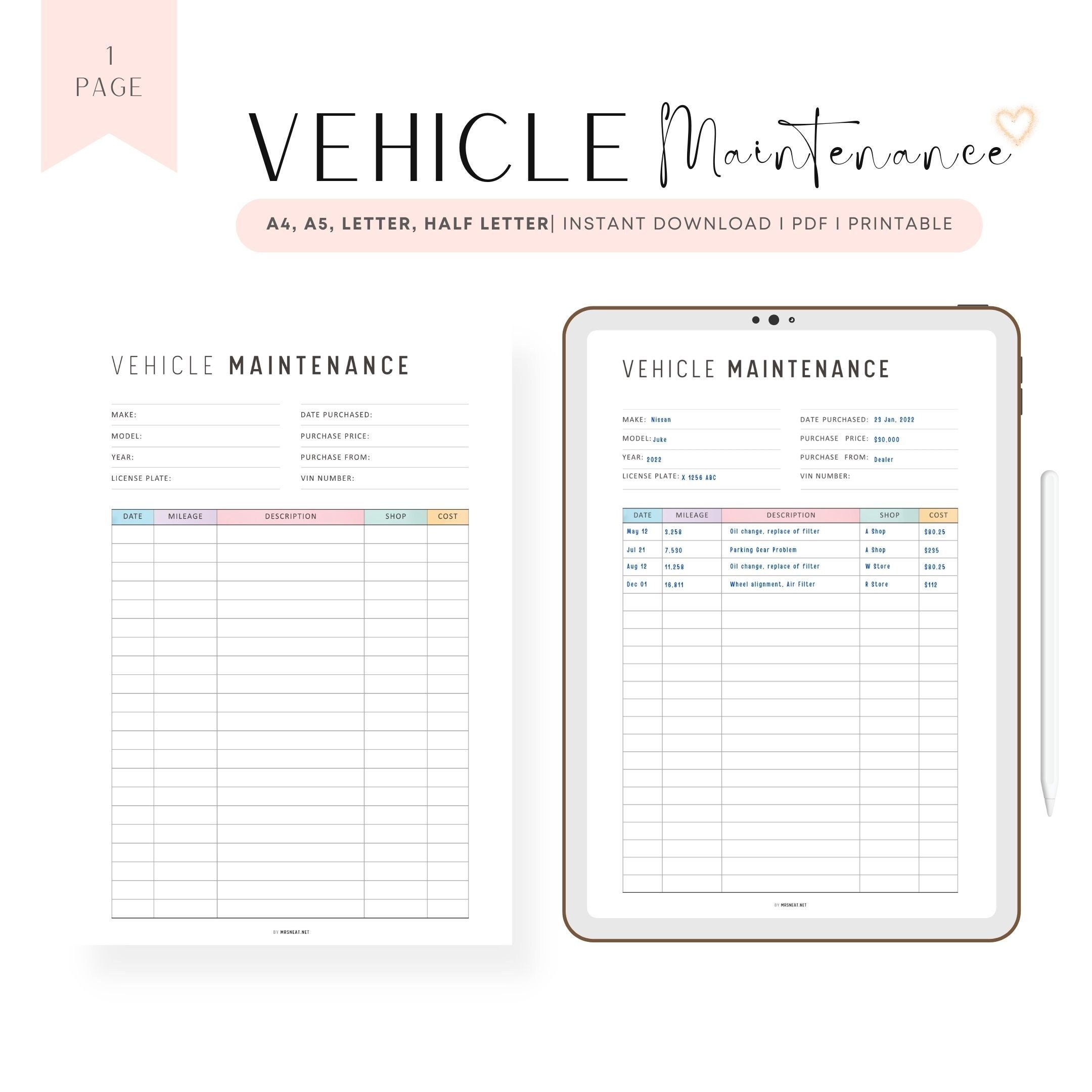 Colorful Vehicle Maintenance Printable, Vehicle Maintenance Log, PDF ...