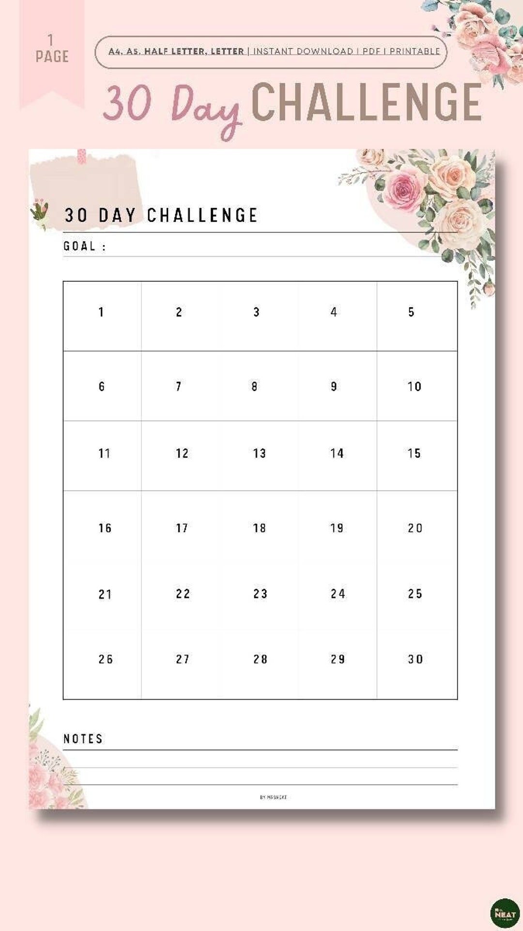 Floral 30 Day Challenge Printable, 30 Day Challenge Tracker, Fillable ...