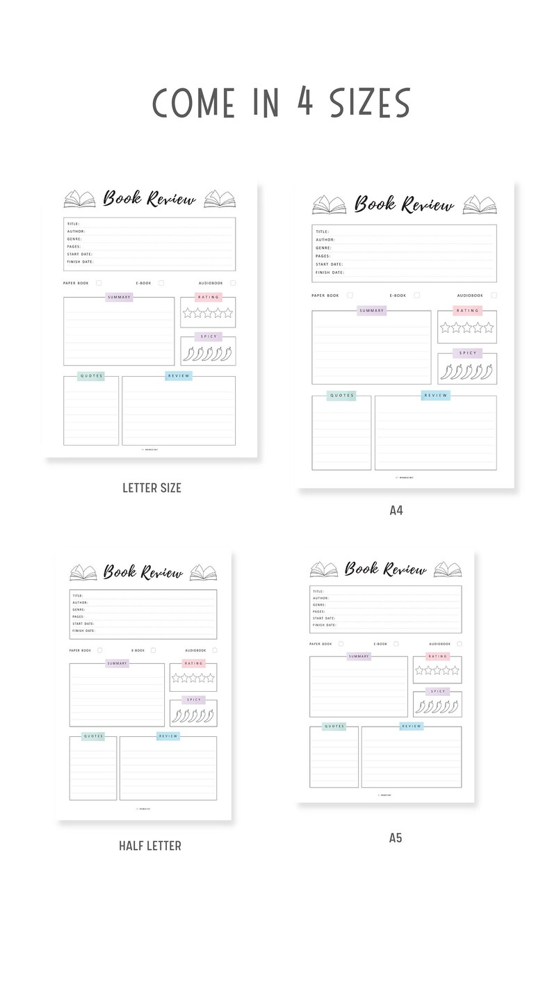 Book Review Template PRINTABLE, Book Review Journal, Book Review Page, Reading Journal Page, 4 Versions, A4, A5, Letter, Half Letter, PDF