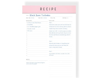 Puede incluir: Una plantilla de tarjeta de receta imprimible con un encabezado rosa etiquetado como RECIPE. El formulario incluye campos para título, tiempo de preparación, tiempo de cocción, tiempo total, porciones, ingredientes, instrucciones y notas.
