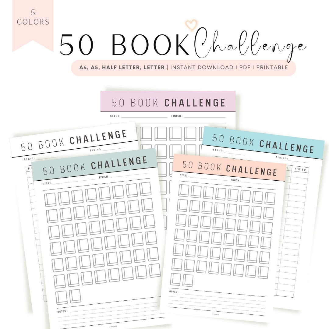 50 Book Reading Challenge Printable, Pdf, A4, A5, Letter, Half Letter ...