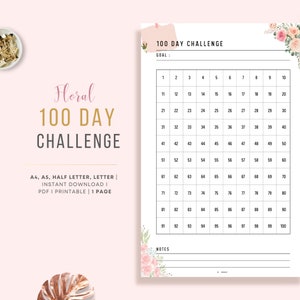 Desafío floral de 100 días imprimible, establecimiento de metas, formación de hábitos, desafío de hábitos rellenable, desafío de no gastar, A4, A5, media carta, carta