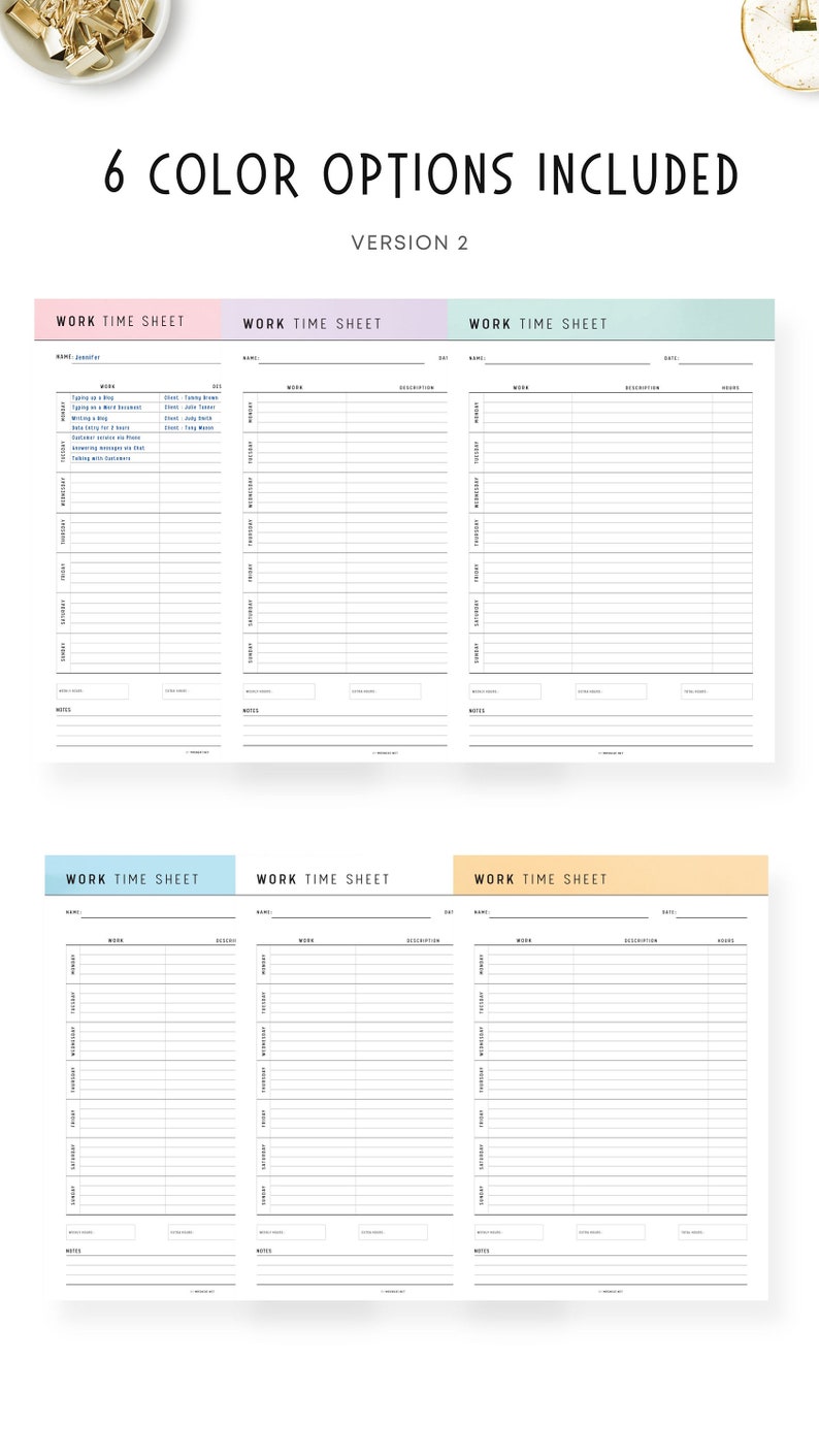 Printable Work Time Sheet Template, PDF, A4, A5, Letter, Half Letter, 6