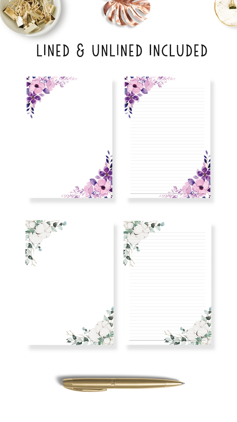 FILLABLE Floral Printable Stationery: Lined & Unlined Paper (PDF) - Etsy