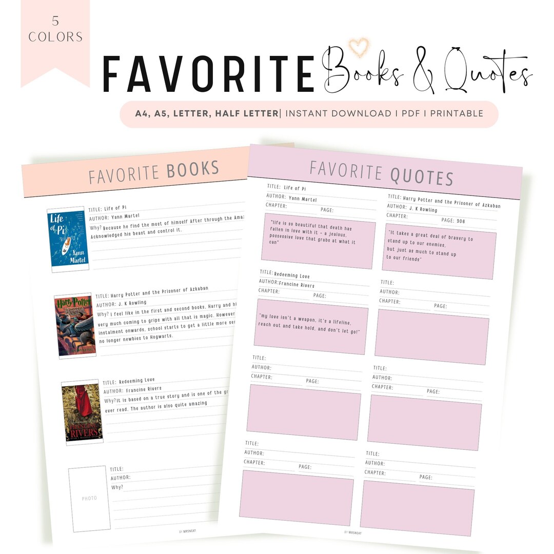 Fillable Favorite Books Template, Favorite Quotes Template Printable ...