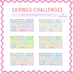 Può includere: Sei carte di sfida al risparmio dai colori pastello con disegni floreali. Ogni carta presenta una sequenza numerica diversa, con il testo "SAVINGS CHALLENGES" in alto. Le carte sono circondate da un bordo ondulato rosa.