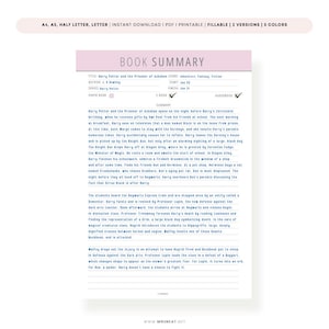 以下が含まれることがあります： BOOK SUMMARYと書かれたピンクのヘッダーを持つ、印刷可能な読書記録テンプレート。タイトル、著者、シリーズ、ジャンル、開始日、終了日、フォーマットのチェックボックス欄があります。本文にはハリー・ポッターの詳細な要約が記載されています。