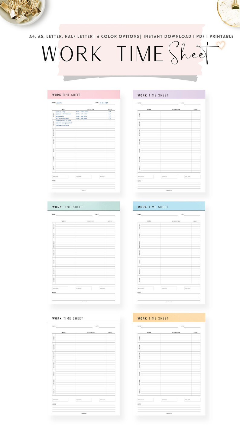 Printable Work Time Sheet Template, PDF, A4, A5, Letter, Half Letter, 6 Colors - Etsy