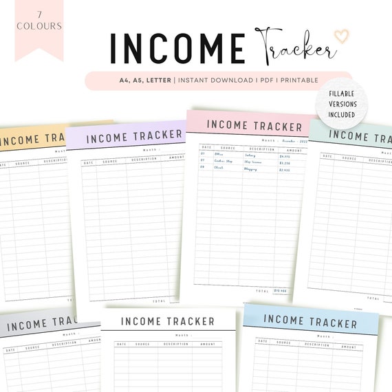FILLABLE Income Tracker Printable: A4, A5, US Letter, 7 Colors (PDF)