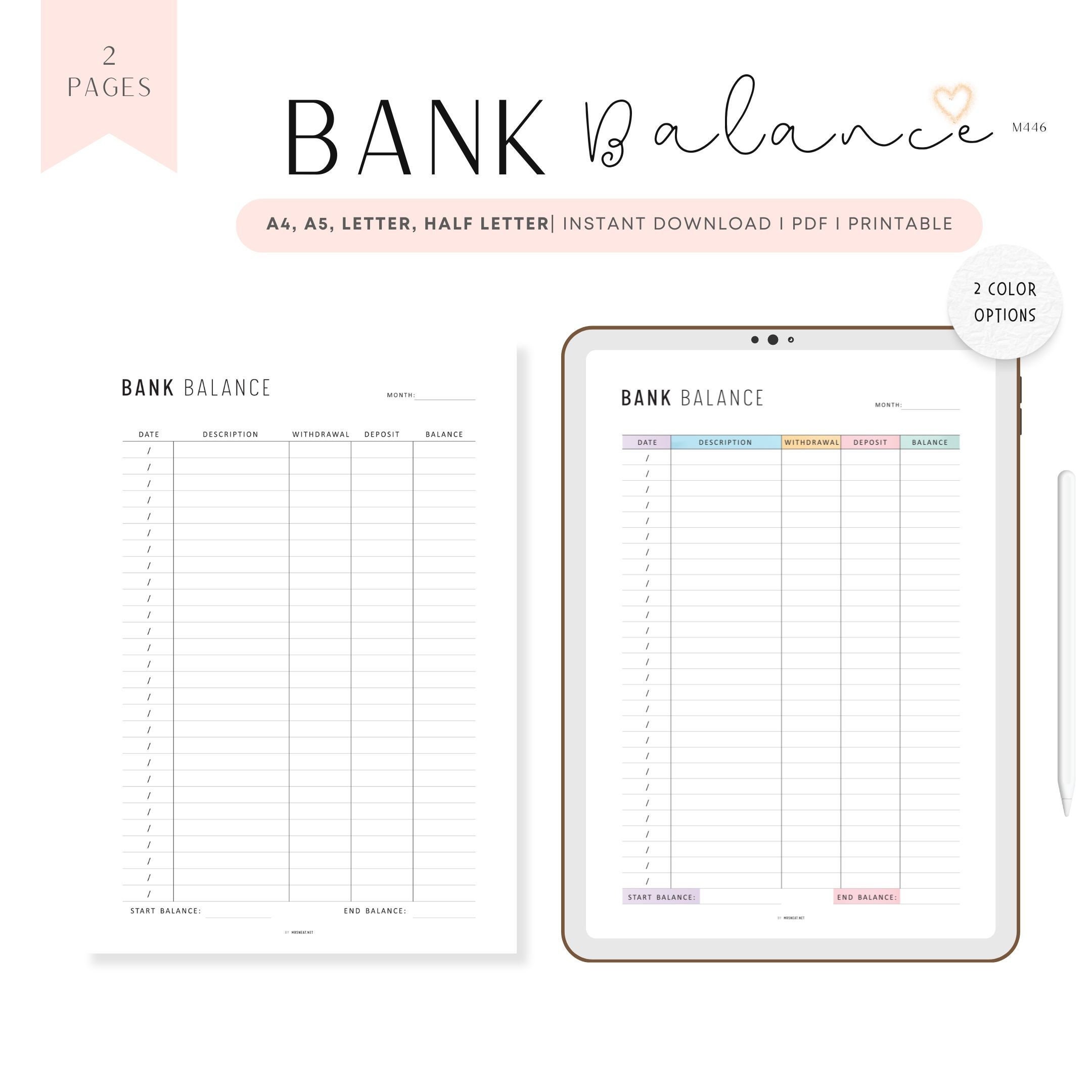Bank Balance Sheet PRINTABLE, Savings Tracker, Banking Record, Finance ...