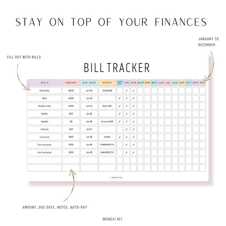 Fillable Yearly Bill Payment Tracker, Printable Bill Tracker, Bill ...