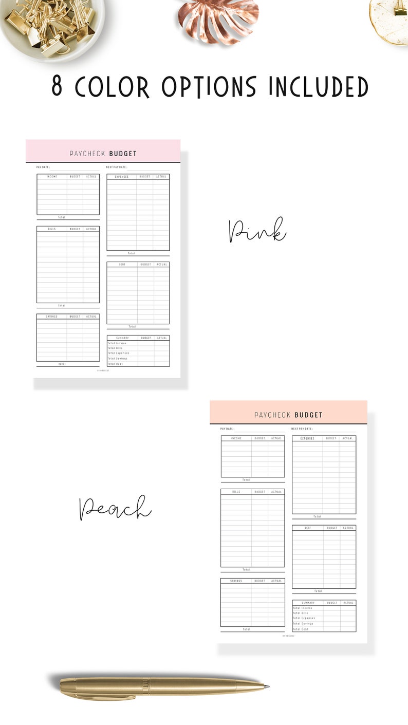 Paycheck Budget, Budget by Paycheck, Paycheck Template, Weekly Budget, Paycheck Planner, Paycheck Tracker, Bi Weekly Budget, 8 Colors, PDF