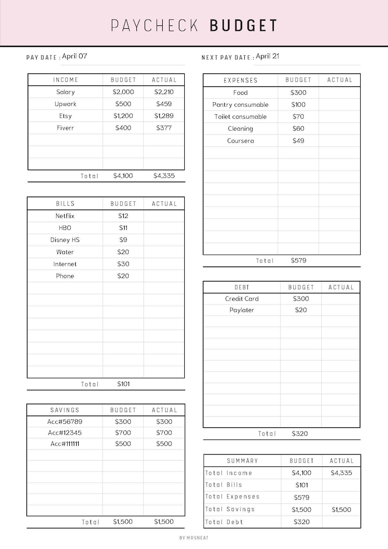 Paycheck Budget, Budget by Paycheck, Paycheck Template, Weekly Budget, Paycheck Planner, Paycheck Tracker, Bi Weekly Budget, 8 Colors, PDF