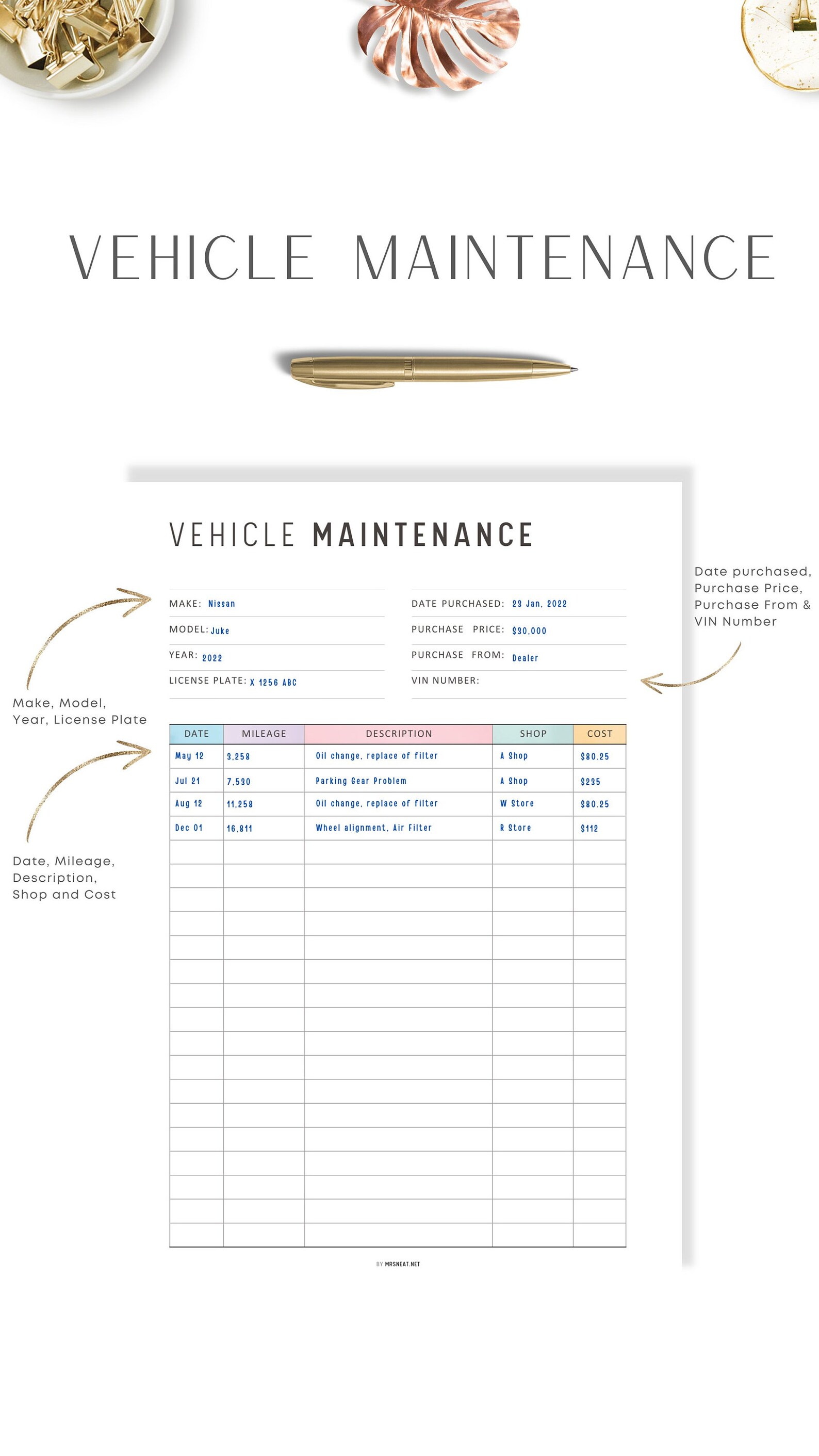 Colorful Vehicle Maintenance Printable, Vehicle Maintenance Log, PDF ...