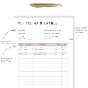 Colorful Vehicle Maintenance Printable, Vehicle Maintenance Log, PDF ...