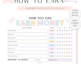 FILLABLE Kids Chore Chart, Allowance & Responsibility (PRINTABLE PDF)