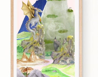 Aquarell Drache & Magier Fantasy Poster (Digitaler Download)