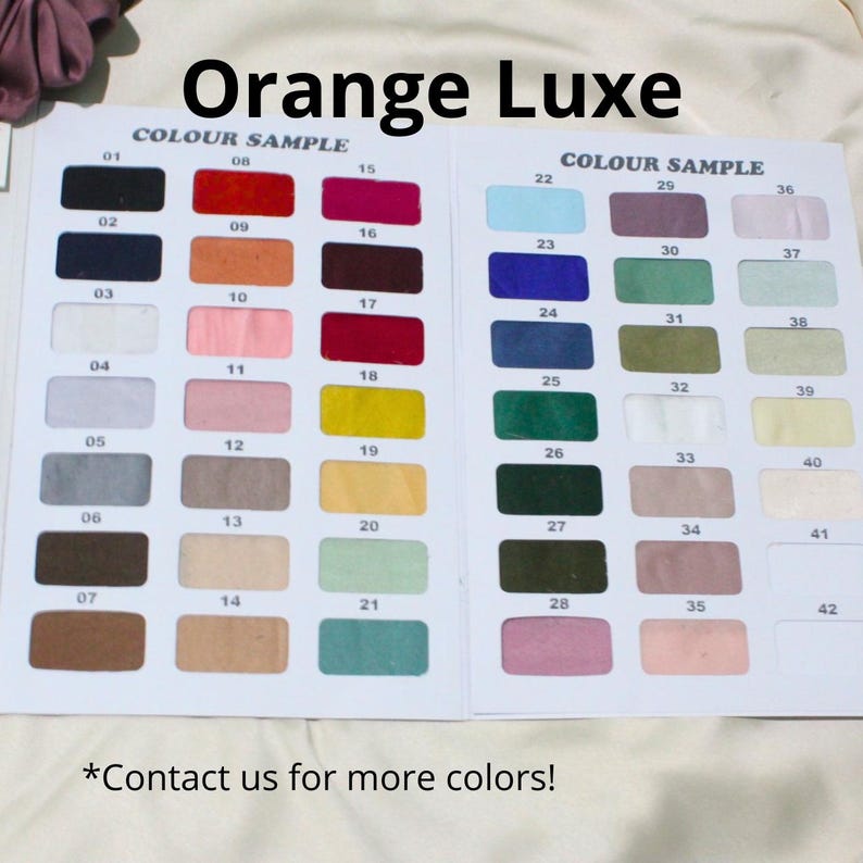 Colors option Our satin scrunchies available in 50+ colors from red yellow blue green emerald maroon sage purple pink black white light gray cream ivory burgundy fuchisia matcha mint baby blue fuchisia mustard brown deep blue peach cyan navy lilac army green bottle nude colors