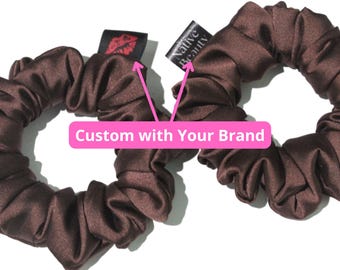 Set of 100 Handmade Satin Silk Scrunchies - Customize Label with Your Own Brand Logo - Bulk Hair Tie Personalize