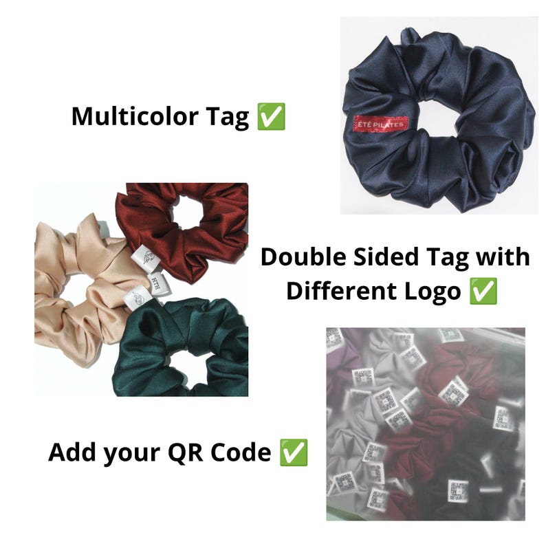 you can custom the tag of the scrunchies with your colorfull logo, link to your website, qr code, phone number, etc