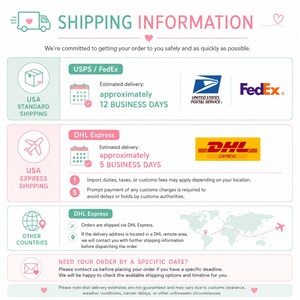 May include: An informational graphic titled SHIPPING INFORMATION with sections for USA Standard Shipping via USPS or FedEx with a 12 business day estimate, USA Express Shipping via DHL Express with a 5 business day estimate, and international shipping.