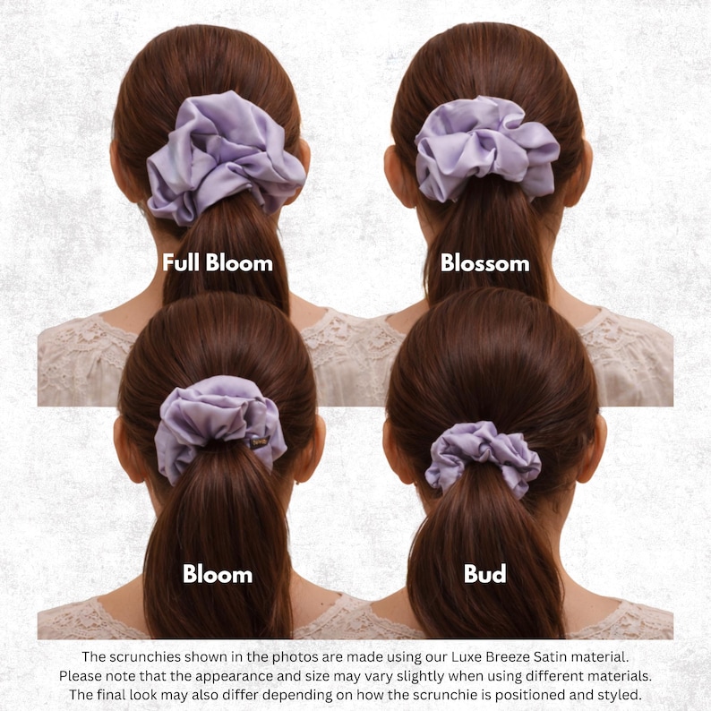 May include: Four light purple satin hair scrunchies of varying sizes labelled Full Bloom, Blossom, Bloom, and Bud. Each scrunchie is shown in a ponytail, demonstrating different volumes and fullness levels of the fabric gathered around the hair.