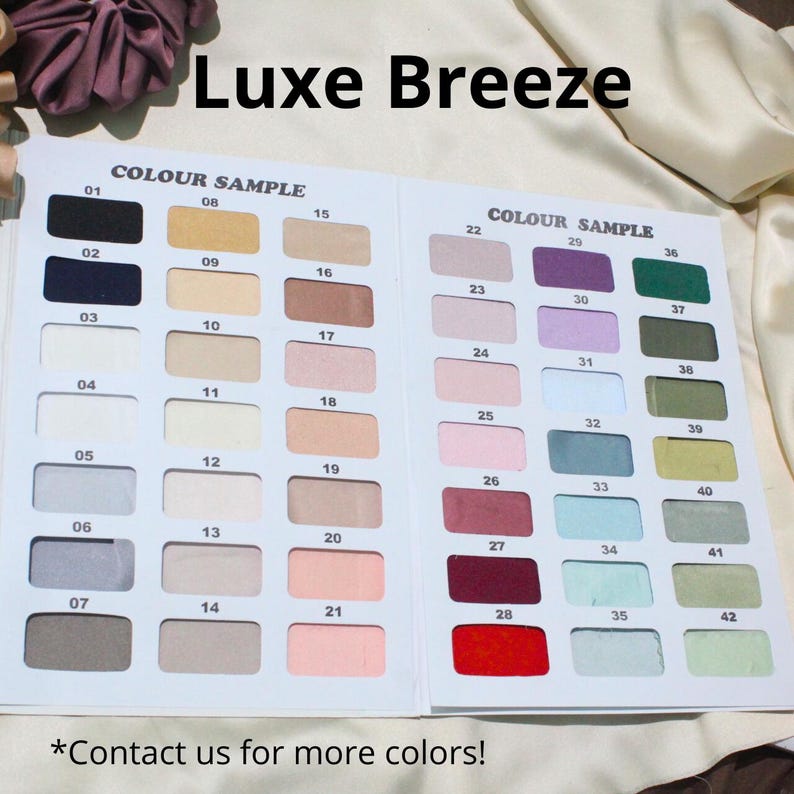 Colors option Our satin scrunchies available in 50+ colors from red yellow blue green emerald maroon sage purple pink black white light gray cream ivory burgundy fuchisia matcha mint baby blue fuchisia mustard brown deep blue peach cyan navy lilac army green bottle nude colors