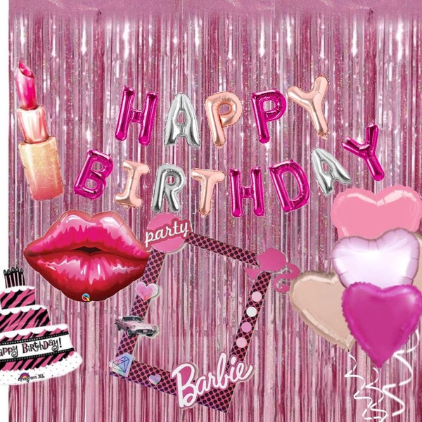 Barbie Birthday Decor Pack, Balloon Bouquet, Barbie Balloons , Foil Curtain Metallic Fringe Backdrop, Barbie Signs, Doll Inspired Party