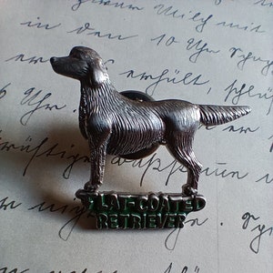 Könnte beinhalten: Eine silberne Anstecknadel mit einem Flachhaar-Retriever-Hund und einer grünen Emaille-Inschrift mit der Aufschrift "FLAT COATED RETRIEVER".