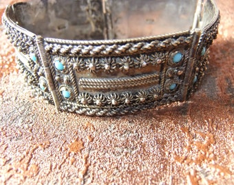 vecchio bracciale in argento con turchesi, timbrato, vintage