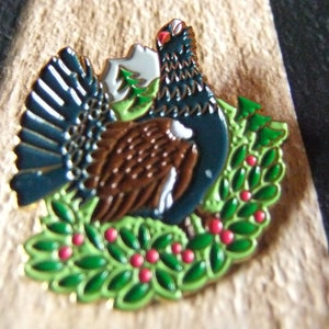 Könnte beinhalten: Eine grüne, rote und blaue Emaille-Anstecknadel mit einem Birkhuhn mit rotem Kehllappen, das in einem grünen, belaubten Busch steht.