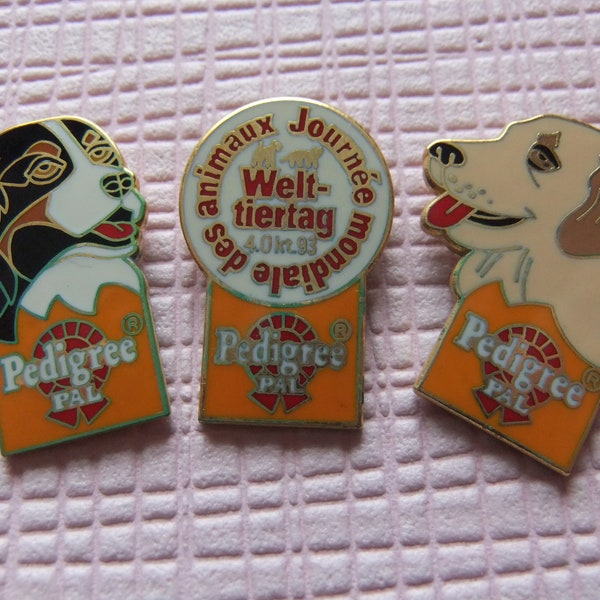 Pin Anstecknadel, 3er Set Welttiertag 1993, Pedigree Pal und 2 Hunde, Sammler, Vintage, Werbeartikel
