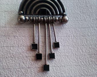 Vintage brooch pin silver-colored black metal collector costume jewelry