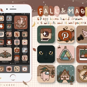 May include: A digital phone screen displaying a collection of 67 hand-drawn app icons with a fall and magic theme. The icons feature a variety of autumnal and magical elements, including pumpkins, owls, mushrooms, and stars. The phone screen also includes the text "FALL & MAGIC" and "67 app icons hand drawn + 5 widgets and 12 wallpapers".