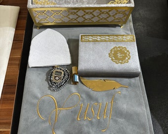 Customize Prayer Mat, Personalized Velvet Rug, Dua Book, Quran, Tasbeeh, Luxury Dua Set with Decorated Box, Muslim Gift Set
