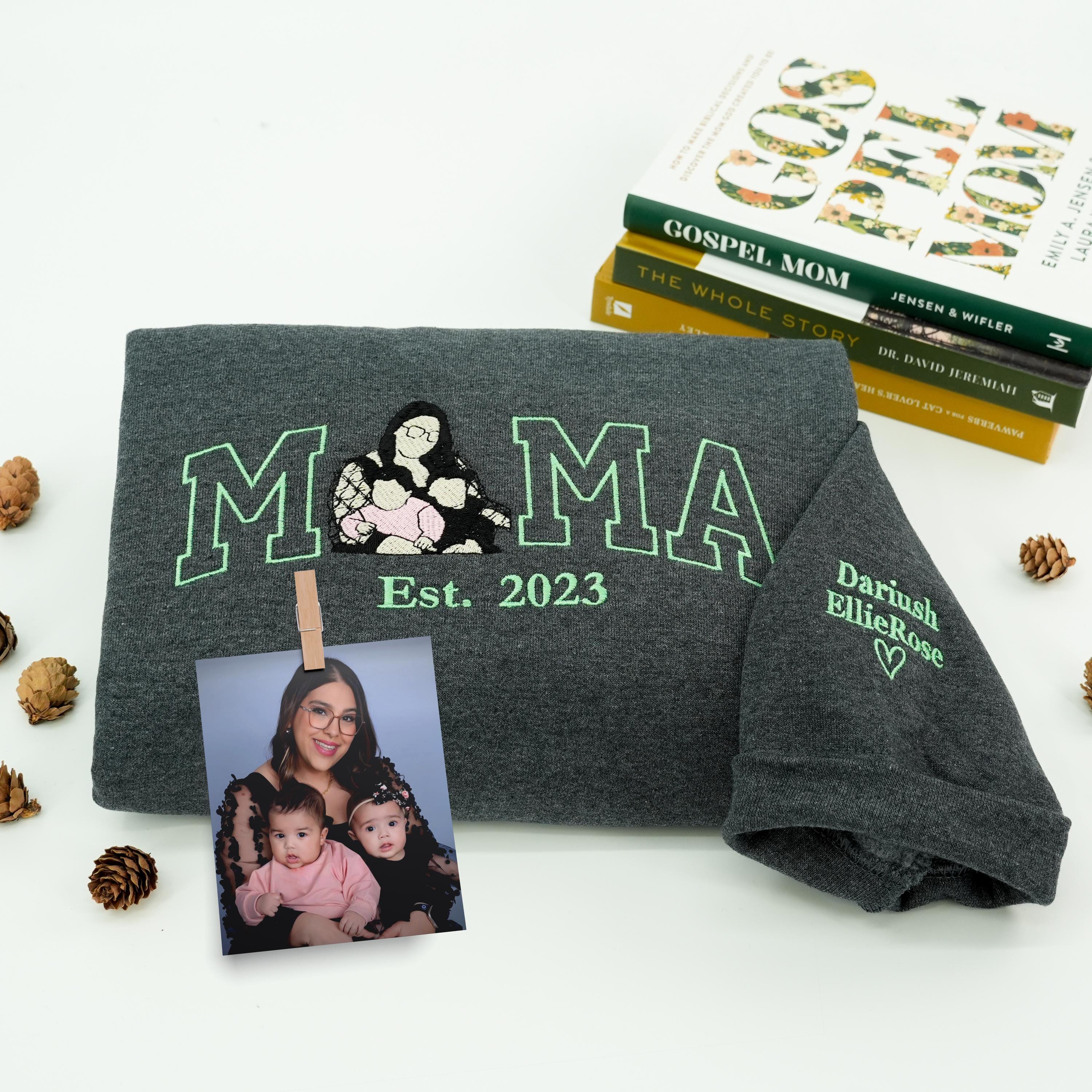 Birthday Gift For Mom - Portrait From Photo Embroidered Crewneck - Custom Mama Sweatshirt With Kids - Family Portrait Shirt - Gift For Mom