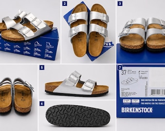 Birkenstock Arizona Silver Sandals Size 37 Narrow Fit | Metallic Silver Double Strap | Cork Footbed | Made in Germany | EU 37 US 6–6.5