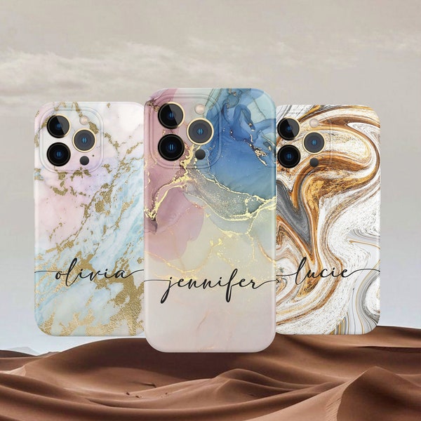 Étui pour portable à motif marbré | Coque personnalisée avec prénom pour iphone 15 14 13 12 11 pro max