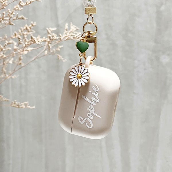 Custom AirPods Case With Pearl Daisy Aesthetic Charm | Personalized Name Initials AirPods Cover for AirPods 1 2 Gen AirPods Pro 2 AirPods 3