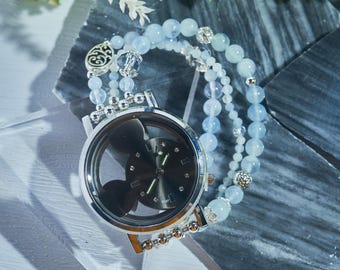 Handmade Cartoon Mickey Aquamarine Quartz Watch: Natural 7/3mm Gemstone Beaded Bracelet