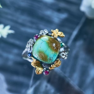 Turquoise Statement Ring: Vintage Garden Floral, S925 Silver Adjustable, With Certificate