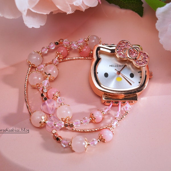 Cute Hello Kitty Wristwatch, Handmade Rose Quartz Watch, Kawaii Sanrio Watch with Pink Jade, Cartoon Anime Watch, Birthday Gift for Her