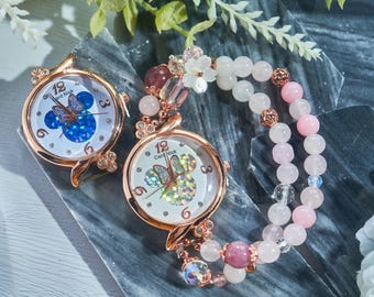 Ręcznie robiony zegarek Mickey Rose & Strawberry, bransoletka z kamieniami szlachetnymi 6,3 mm