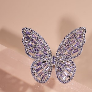 Large butterfly ring with amethyst natural quartz in 925 silver plated allergy-free ring, purple diamond amethyst quartz ring in gift box