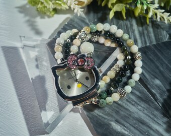 Handmade Kitty Cat Jade Watch, 6.3mm Natural Jade Gemstone Bracelet