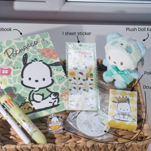 Sanrio Pochacco Stationary Bundle Gift Set With Plush Doll Keychain Sanrio Green Cartoon A5 Notebook Poker Card Pen Stickers Clip Bundle C