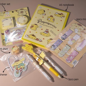Sanrio POMPOMPURIN stationary bundle gift set with bookmarks Sanrio yellow cartoon notebook document clip pen stationary bundle Set D