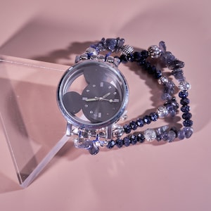 Disney Mickey Mouse watch Lolite & blue sandstone quartz handmade blue gemstone wrist watches, Black Mickey silver plated stretchable watch