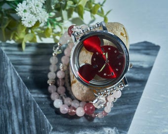 Handmade Cartoon Mickey Rose Quartz & Strawberry Quartz Watch: Natural Gemstone Beaded Bracelet
