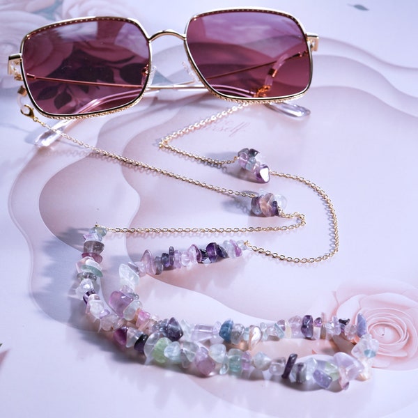 Fluorite Raw quartz natural colorful raw gemstone beads with silver glasses chain for sunglasses glasses mask holder necklace & bracelets